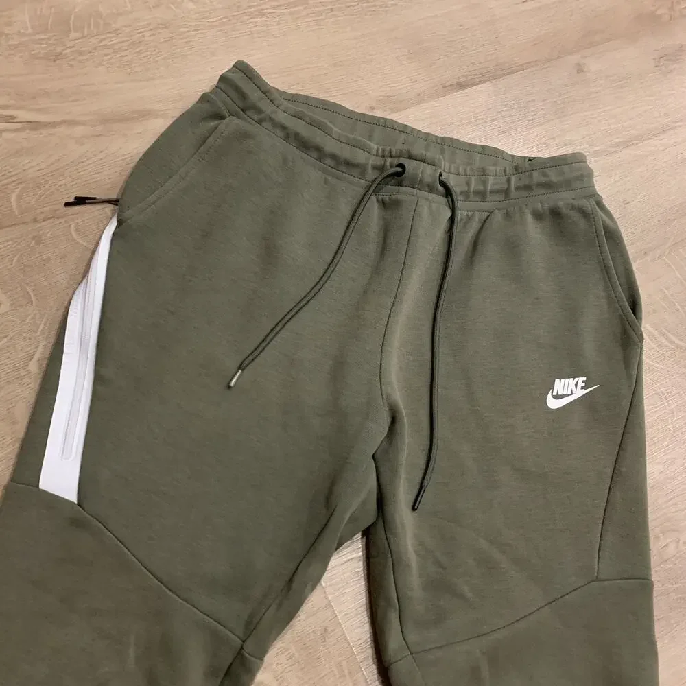 Nike Tech Fleece Pants Men's Small S Olive Green / White Jogger Sweatpants Zip - Picture 2 of 7